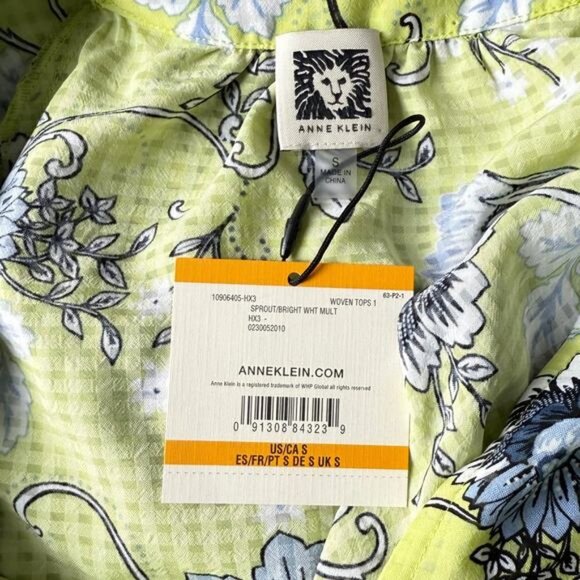 NWT ANNE KLEIN Floral Print Puff Sleeve Blouse Sz Small Sprout / White Multi - Picture 5 of 5